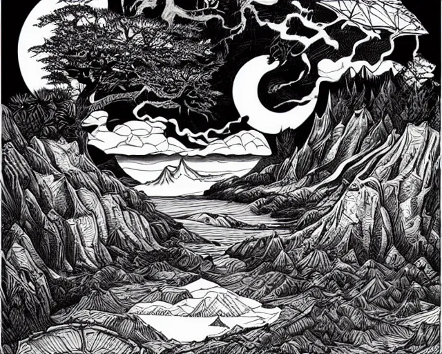 Image similar to impressive fantasy landscape, beautiful line art, ink illustration, pure b&w, engraving illustration, sticker art