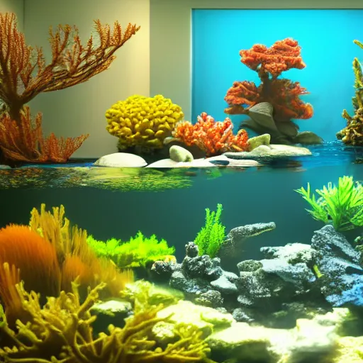 Image similar to photo of the big modern room as aquarium with a beautiful fishes and corals, realistic colors, realistic shadows, daylight made in blender, 3 d