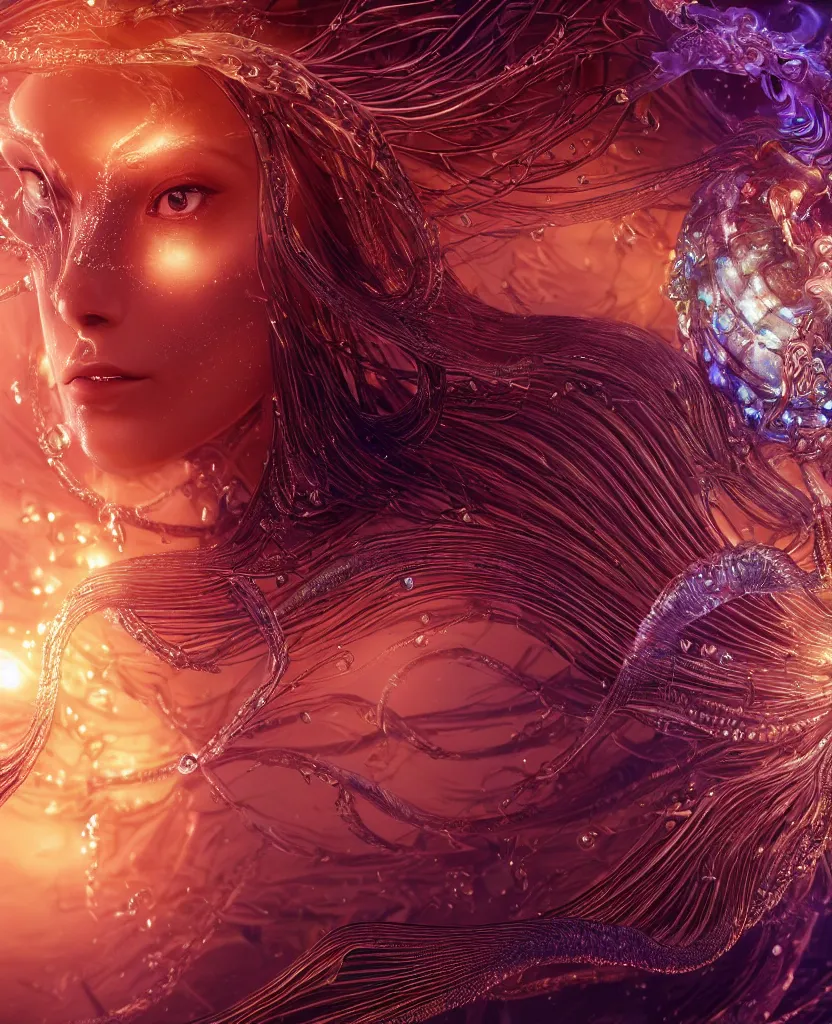 Image similar to close-up macro portrait of the face of a beautiful princess, epic angle and pose, symmetrical artwork, 3d with depth of field, blurred background, cybernetic jellyfish female face skull phoenix bird, translucent, nautilus, energy flows of water and fire. a highly detailed epic cinematic concept art CG render. made in Maya, Blender and Photoshop, octane render, excellent composition, cinematic dystopian brutalist atmosphere, dynamic dramatic cinematic lighting, aesthetic, very inspirational, arthouse. y Greg Rutkowski, Ilya Kuvshinov, WLOP, Stanley Artgerm Lau, Ruan Jia and Fenghua Zhong