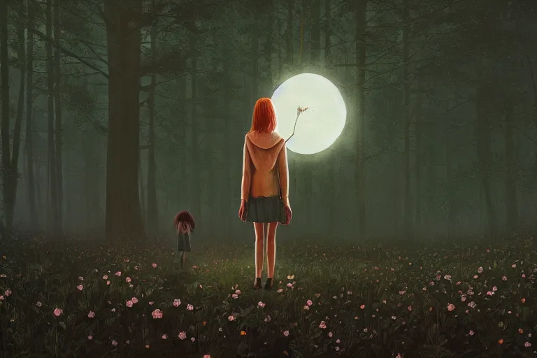 Image similar to giant daisy flowers head, girl walking in dark forest, surreal photography, dark night, stars, moon light, impressionist painting, clouds, digital painting, artstation, simon stalenhag