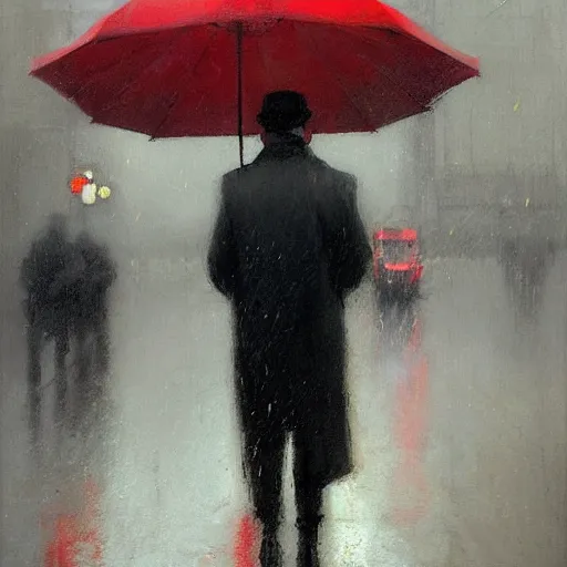 Image similar to man with red umbrella standing in the rain, chicago, art deco, by jeremy mann.