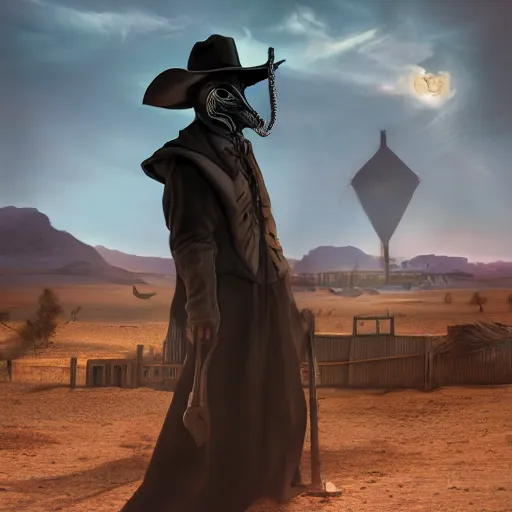 Image similar to a plague doctor cowboy standing near a western town in the desert, dynamic lights, ray tracing, photorealistic art, hyper realism, cinematic concept art