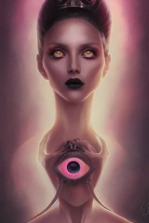 Image similar to portrait of an elegant alien woman queen, many eyes, multiple eyes, stalk eyes, straight on portrait, by artgerm, tom bagshaw, gerald brom, vaporwave colors, lo - fi colors, vaporwave, lo - fi, moody vibe, goth vibe, 4 k, hd,