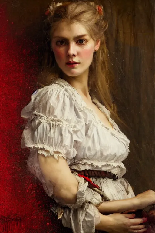 Image similar to Solomon Joseph Solomon and Richard Schmid and Jeremy Lipking victorian genre painting full length portrait painting of a young beautiful woman traditional german french actress model pirate wench in fantasy costume, red background