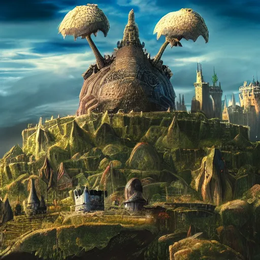 Image similar to large fantasy castle rising from the top of a giant tortoise that is centered in frame, towering over a harsh barren wasteland, howls moving castle, mortal engines, kaiju, distant shot from the air, fantasy, hyper detailed, 4 k