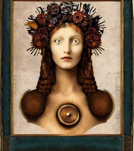 Image similar to portrait of a beautiful young cyborg woman with a big steampunk flower crown and part mechanical face , Metropolis, by Leonardo Da Vinci in the style of Man Ray