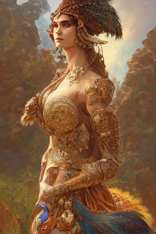 Prompt: a portrait of a anthropomorphic peacock warrior goddess, D&D, fantasy, intricate, highly detailed, digital painting, artstation, concept art, smooth, sharp focus, illustration, art by artgerm and greg rutkowski and alphonse mucha