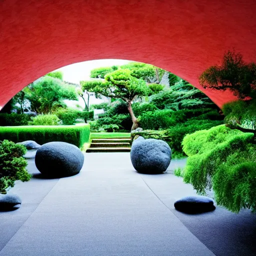 Prompt: late night evening in a zen garden with pink round hallway. green plants. architecture. interior. design. blue sky with small clouds