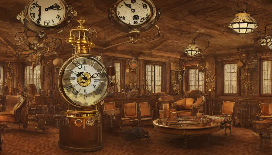 Prompt: a circular common room full of antique clocks, high detail, steampunk, fantasy, mechanical, 4 k, trending on artstation