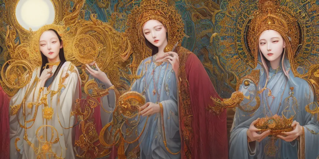 Prompt: breathtaking detailed concept art painting of the goddess of the universe, orthodox saint, with anxious, piercing eyes, ornate background, sun on left moon on right, by Hsiao-Ron Cheng, James jean, Miho Hirano, Hayao Miyazaki, extremely moody lighting, 8K