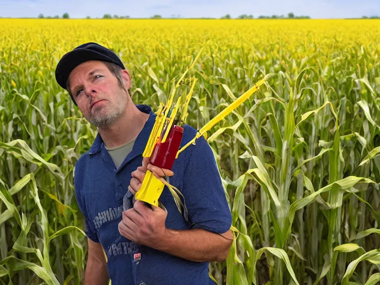 Prompt: patriot holding a yellow nailgun in a corn field, fbi in distant background, 8 k, ultra realistic photograph