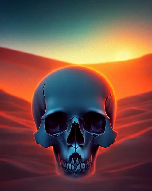 Image similar to epic composition of a skull in dystopian dessert landscape by stuart lippincott, 8 k trending on behance