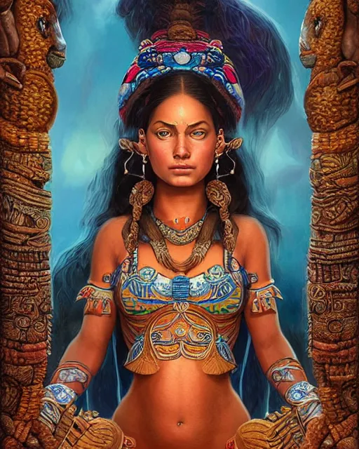 Prompt: digital painting of ixchel, mayan goddess of fertility by filipe pagliuso and justin gerard, symmetric, fantasy, highly detailed, realistic, intricate, portrait, sharp focus, tarot card