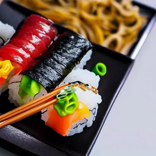 Image similar to photo of sushi served with fried noodle