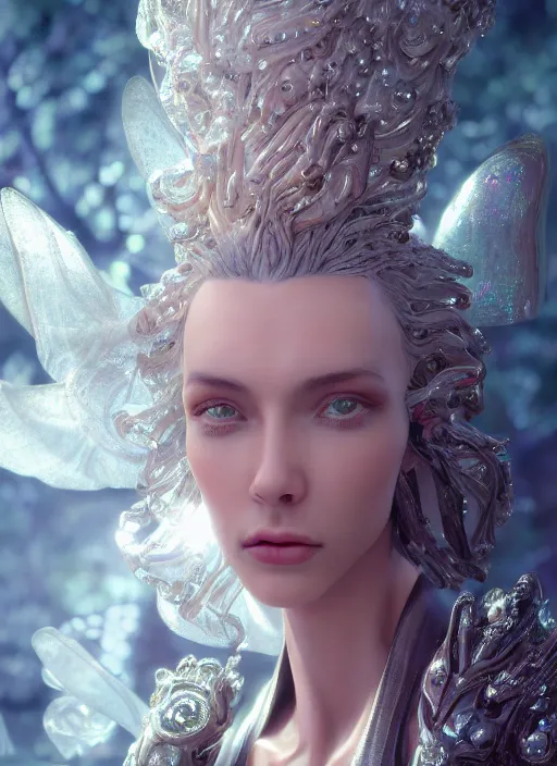 Prompt: beauteous stunning practical sumptuous androgynous biomechanical with incredible iridescent pearlescent voluminous hair, crystalline masterpiece incrustations, hyperdetailed face, elegant pose, movie still, intricate accuracy, octane render, cinematic forest lighting, cgsociety, unreal engine, crepuscular rays, god rays