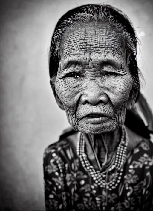 Prompt: portrait of a 1 0 0 year old indonesian woman photo by rarindra prakarsa, desaturated colors, symmetrical face, she has the beautiful calm face of her mother, slightly smiling, ambient light, black background, dramatic light