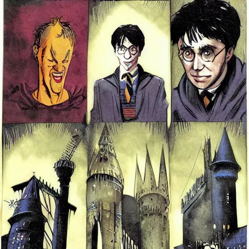 Prompt: Harry Potter as Sandman, by Neil Gaiman, by Dave McKean, comics Sandman, small details, whole-length, clear faces, high detail
