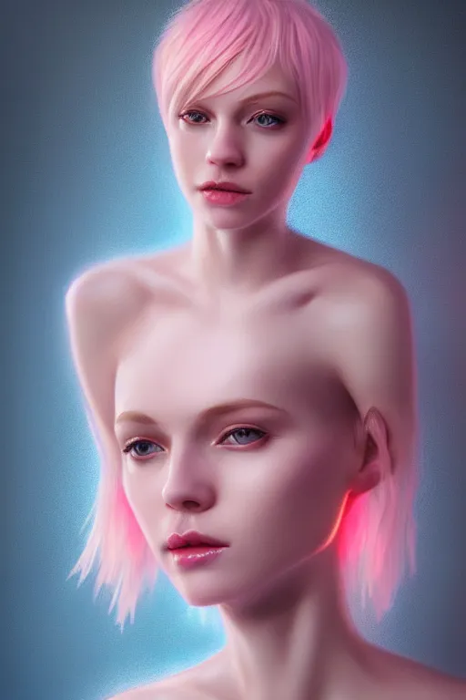 Image similar to Portrait of a beautiful pale skin Nordic female with short pink hair, elegant, photorealistic, highly detailed, artstation, smooth, sharp focus, gold ornaments, neon lighting, sci-fi, art by Klimt.