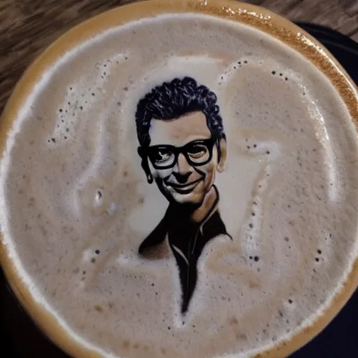 Prompt: Jeff Goldblum as latte art