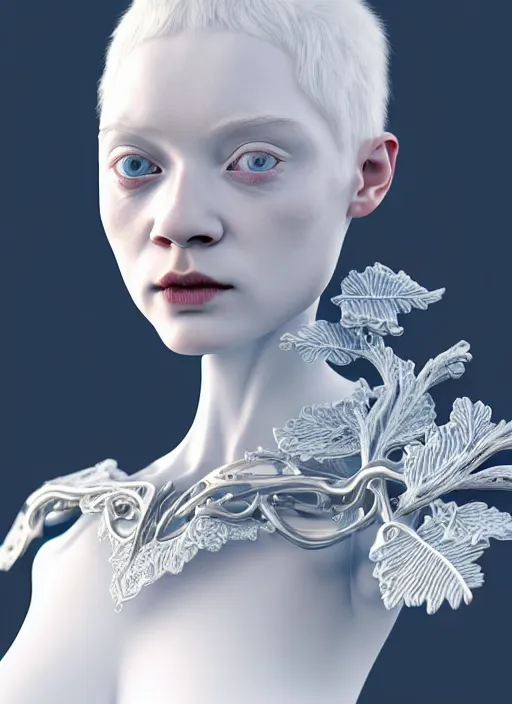 Image similar to complex 3d render ultra detailed of a beautiful porcelain profile young albino woman face, blue eyes, biomechanical cyborg, 200 mm lens, beautiful studio soft light, rim light, silver white gold red details, magnolia big leaves achromatic and stems, roots, fine foliage lace, mesh wire, Alexander Mcqueen high fashion haute couture, art nouveau fashion embroidered, intricate details, hyper realistic, ultra detailed, mandelbrot fractal, anatomical, facial muscles, cable wires, microchip, elegant, octane render, H.R. Giger style, 8k post-production, trending on Artstation