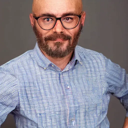 Prompt: photograph of a casual man wearing glasses with gold frame, bald, short dark blond beard, blue eyes, wearing a red lumberjack shirt