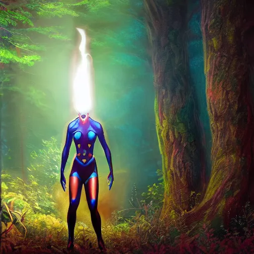 Prompt: A hyper real comic book style portait painting of a godlike alien creature with eletric energies in the woods, unreal 5, hyperrealistic, octane render, cosplay, RPG portrait, dynamic lighting