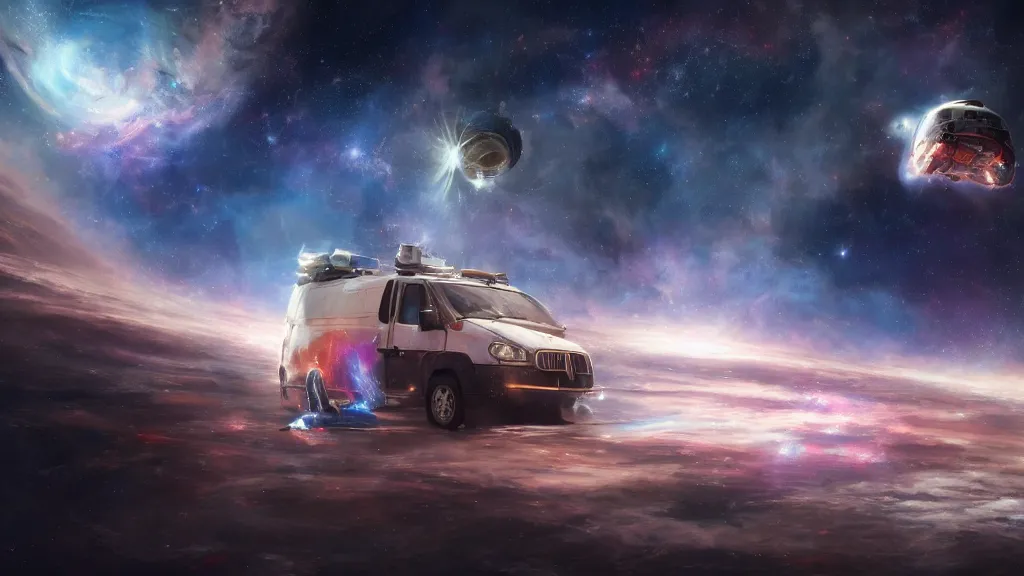 Prompt: a photorealistic picture of a flying space van flying in front of a nebula, shiny metal hull, graffiti on the side, epic, porthole windows everywhere, 4 k hd wallpaper, hyper realistic, legendary, by greg rutkowski, ultrahd, trending on artstation