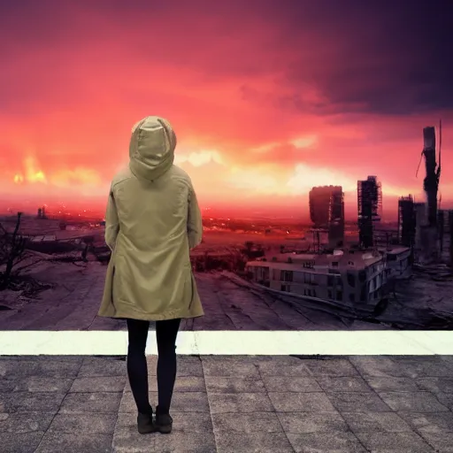 Image similar to hooded jacket woman standing in front of a post apocalyptic city with burning red sky