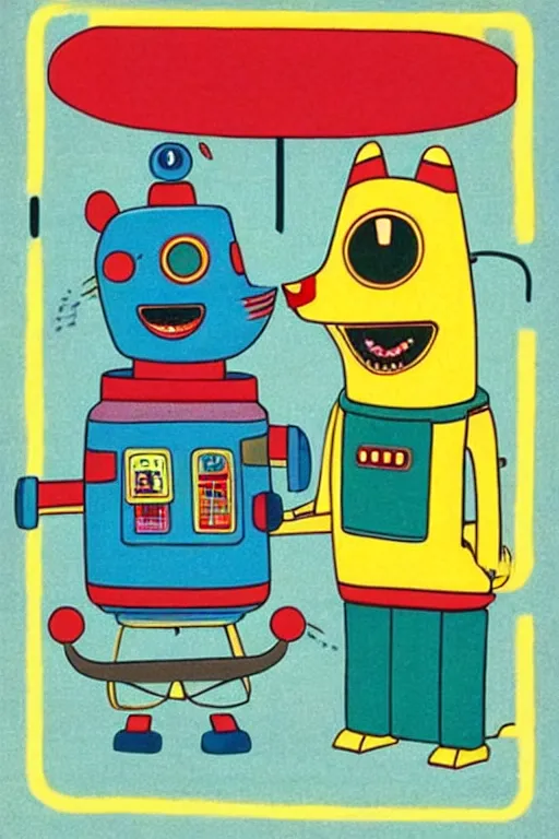 Image similar to ( ( ( ( ( ( ( a robot and a dog ) ) ) ) ) ) ) by richard scarry!!!!!!!!!!!!!! muted colors