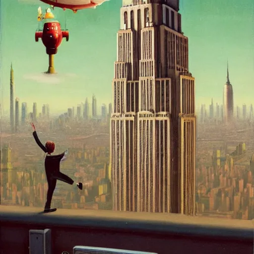 Image similar to Santa buzzing/flying past the empire state building whilst wearing his jetpack greg rutkowski giorgio de chirico john currin clarence holbrook carter mark ryden simon stalenhag