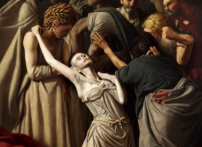 Image similar to this sorrowful picture illustrates the poignant death of lucretia which led to a revolt that overthrew the monarchy and established the republic of rome. hyperrealism, intricate details, trending on artsation