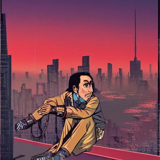 Image similar to Nic Cage sitting high atop the city on the edge of a building, cyberpunk, cel illustration, exquisitely detailed, Monkey Punch, Hayao Miyazaki, Kazuma Kaneko