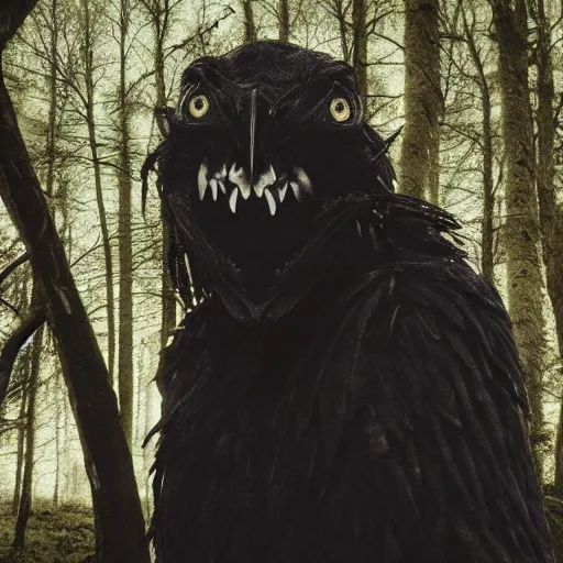 Image similar to werecreature consisting of a crow and a human, photograph captured in a dark forest