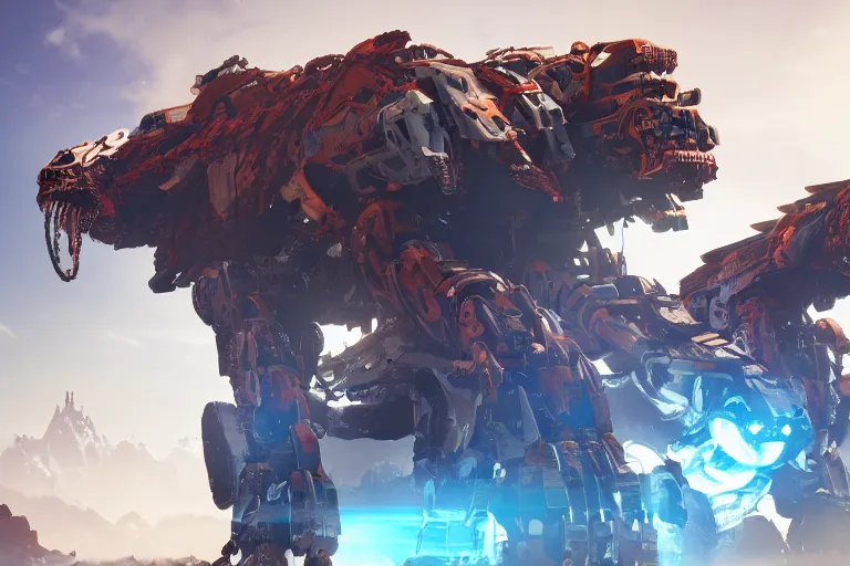 Image similar to sawtooth machine mecha animal beast robot of horizon forbidden west horizon zero dawn bioluminiscence global illumination ray tracing hdr fanart arstation by sung choi and eric pfeiffer and gabriel garza and casper konefal