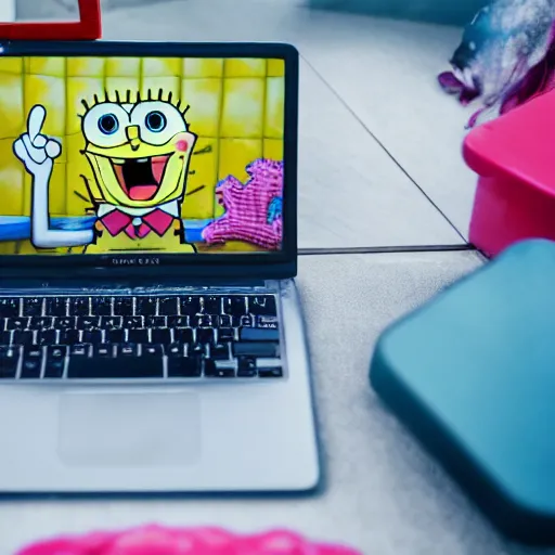 Image similar to spongebob playing games on computer, dslr photo, high detail, no noise