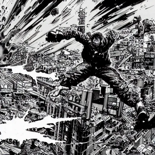 Image similar to tetsuo from akira destroying barcelona, post apocalyptic scene, by katsuhiro otomo, high detail, 4 k