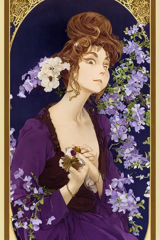Prompt: An Art Nouveau Violet Evergarden portrait who looks like an anime girl mix of Audrey Hepburn and Olivia Wilde, with long flowing brown hair, wearing a long flowing blue Victorian dress with a large central oval jade brooch, wearing a tiara of gold and magnolia Flowers, large center golden foil metal circle in the background, realistic detailed face portrait of Madonna by Alphonse Mucha, Ayami Kojima, Amano, Charlie Bowater, Karol Bak, Greg Hildebrandt, Jean Delville, and Mark Brooks, only one person in composition, Art Nouveau, Neo-Gothic, gothic, rich deep moody colors