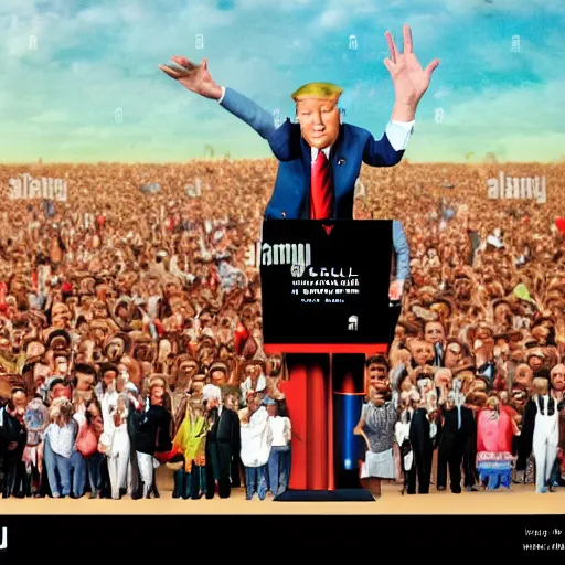 Image similar to enoumous crowd of millions of people, everyone is laughing and pointing at donald trump on a podium. he is not wearing pants and his legs are visible. style of salvador dali.