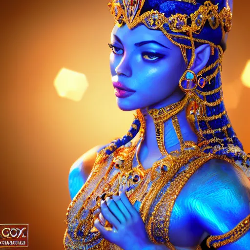 Image similar to photo of wonderful princess of sapphire with fair skin, she has her eyes closed, glowing, ornate and intricate blue jewelry, jaw dropping beauty, eyepopping colors, dynamic lighting, glowing background lighting, blue accent lighting, photorealistic, hyper detailed, award winning photography, 4 k octane render