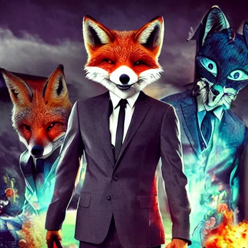 Image similar to hdr quality poster for an action movie fearing cool looking anthropomorphic male foxes in suits stealing fried chicken, promotional media