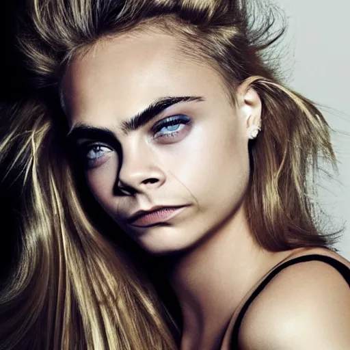 Prompt: photo of a gorgeous 20-year-old Cara Delevingne laughing hip hairstyles by Mario Testino, detailed, head shot, award winning, Sony a7R -