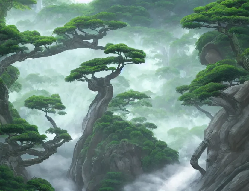 Image similar to a cinematic widescreen photo of a winding path to epic ancient japanese temples with hot springs on the top of a mountain in a misty bamboo cloud forest with colossal waterfalls at dawn by studio ghibli and roger dean, terraced, mystical, trending on artstation