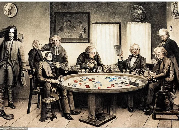 Image similar to family photo of isaac newton and stephen hawkins an einstein playing poker in an old west saloon in the style of norman rockwell