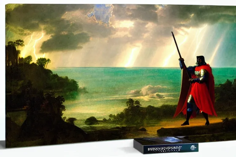 Image similar to Close-up of the Knight leaving the palace, refracted sparkles, thunderstorm, beach and Tropical vegetation on the background major arcana sky and symbols, by paul delaroche, hyperrealistic 4k uhd, award-winning, very detailed paradise