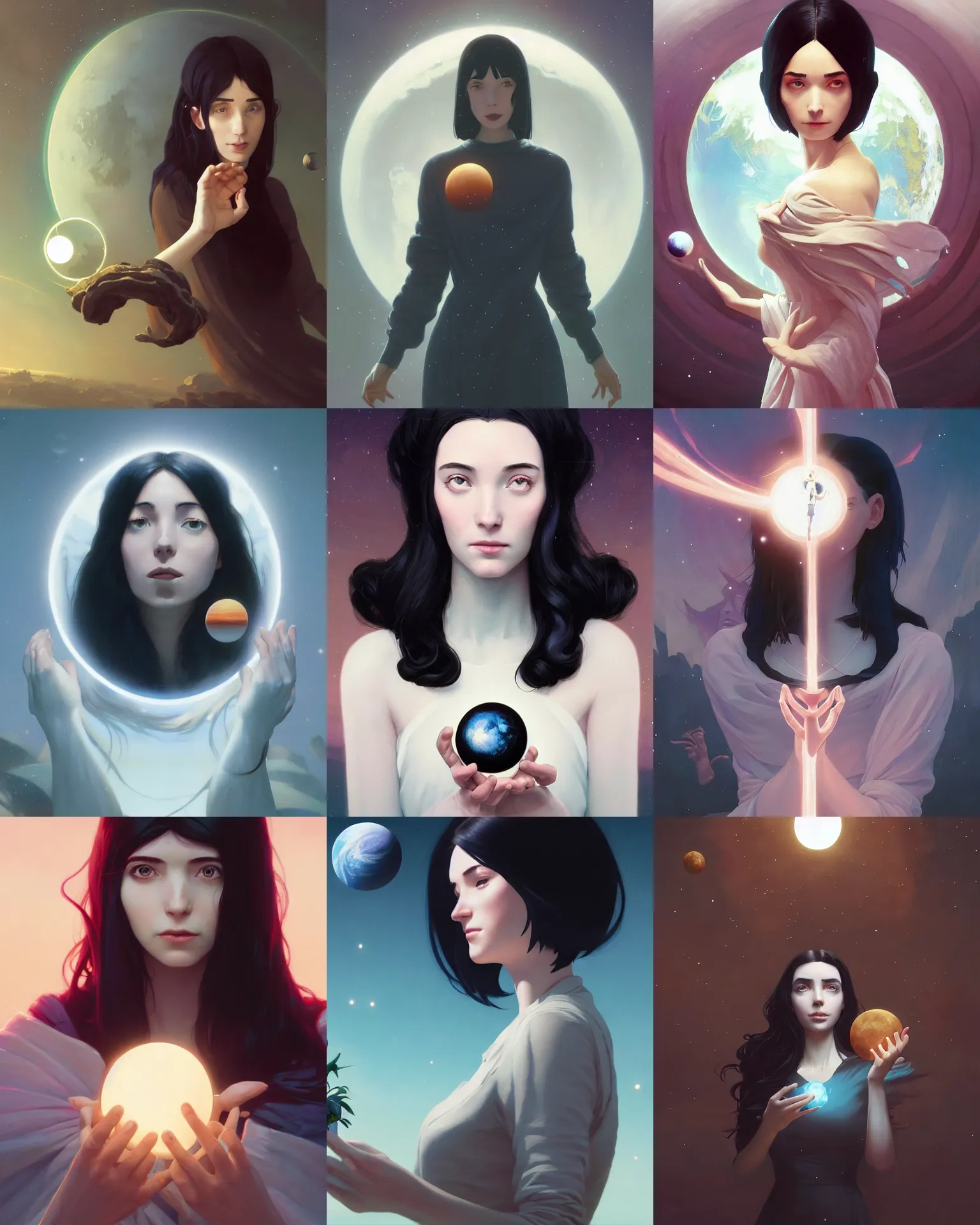 Prompt: portrait of pale woman with black hair holding a planet between her hands facing forward, stephen bliss, unreal engine, greg rutkowski, loish, rhads, beeple, makoto shinkai and lois van baarle, ilya kuvshinov, rossdraws, tom bagshaw, alphonse mucha, global illumination, detailed and intricate environment