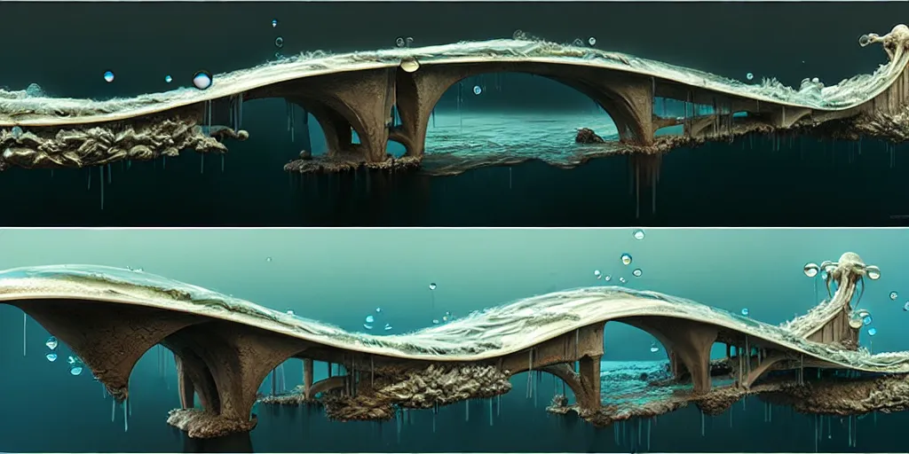 Image similar to study material with side perspective, transparent water River flow, realistic water foam,agua droplets, underwater, bridge made of water ,physically based rendering, defined features by ellen jewett, tomasz alen kopera and Justin Gerard
