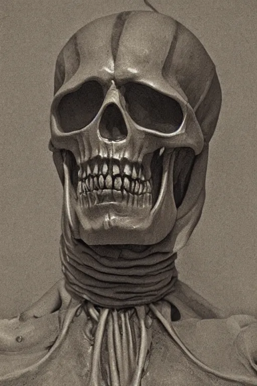 Prompt: skeletor, portrait, full body, symmetrical features, silver iodide, 1 8 8 0 photograph, sepia tone, aged paper, sergio leone, master prime lenses, cinematic