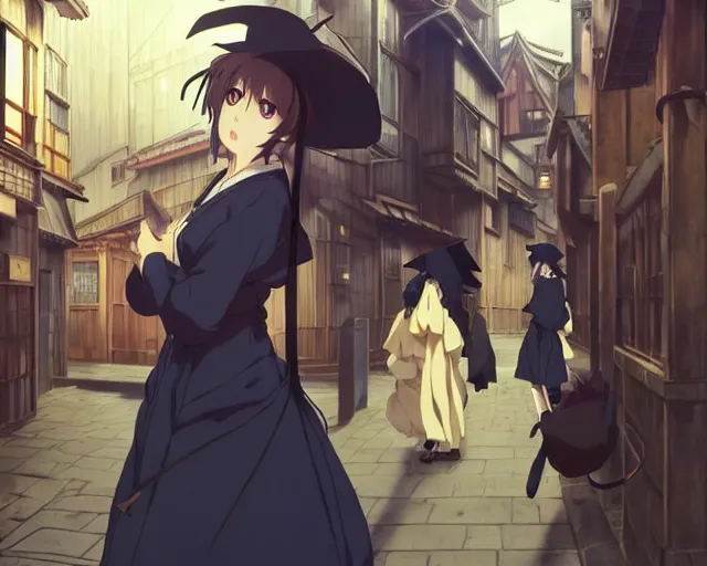 Image similar to kyoto animation, moody, key anime visual portrait of a young female witch walking through a busy medieval village, dynamic pose, dynamic perspective, cinematic, dramatic lighting, muted colors, detailed silhouette, textured, anime proportions, alphonse mucha, perfect anime face, ilya kuvshinov, yoh yoshinari, takashi murakami