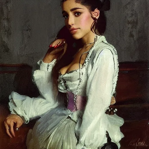 Image similar to Portrait of Ariana Grande in a steampunk blouse, vintage shading, by Ilya Repin