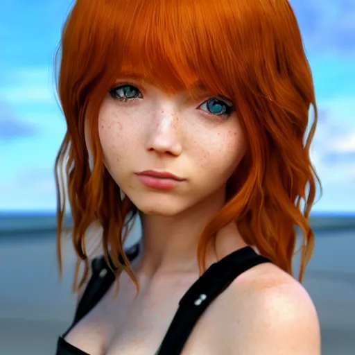 Image similar to black widow as a render of a very beautiful 3d anime girl, long hair, hazel eyes, cute freckles, full round face, short smile, cute sundress, golden hour, serene beach setting, medium shot, mid-shot, highly detailed, trending on Artstation, Unreal Engine 4k